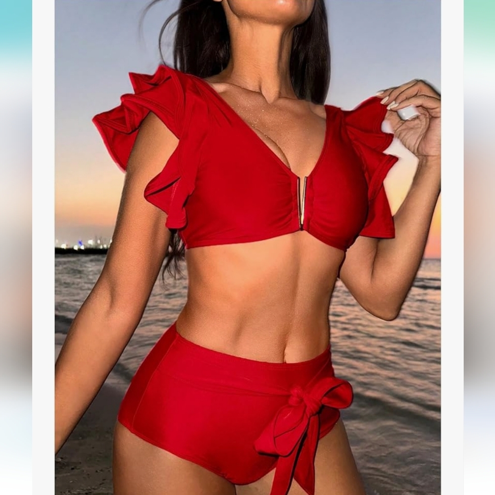 Elegant Red Ruffle Bikini Set